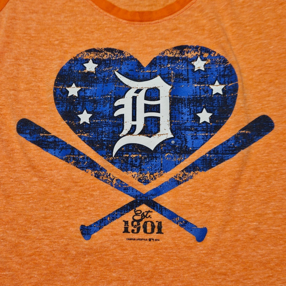 MLB Detroit Tigers Raglan Shirt Womens M Orange 3/4 Sleeve Heart Graphic Tee